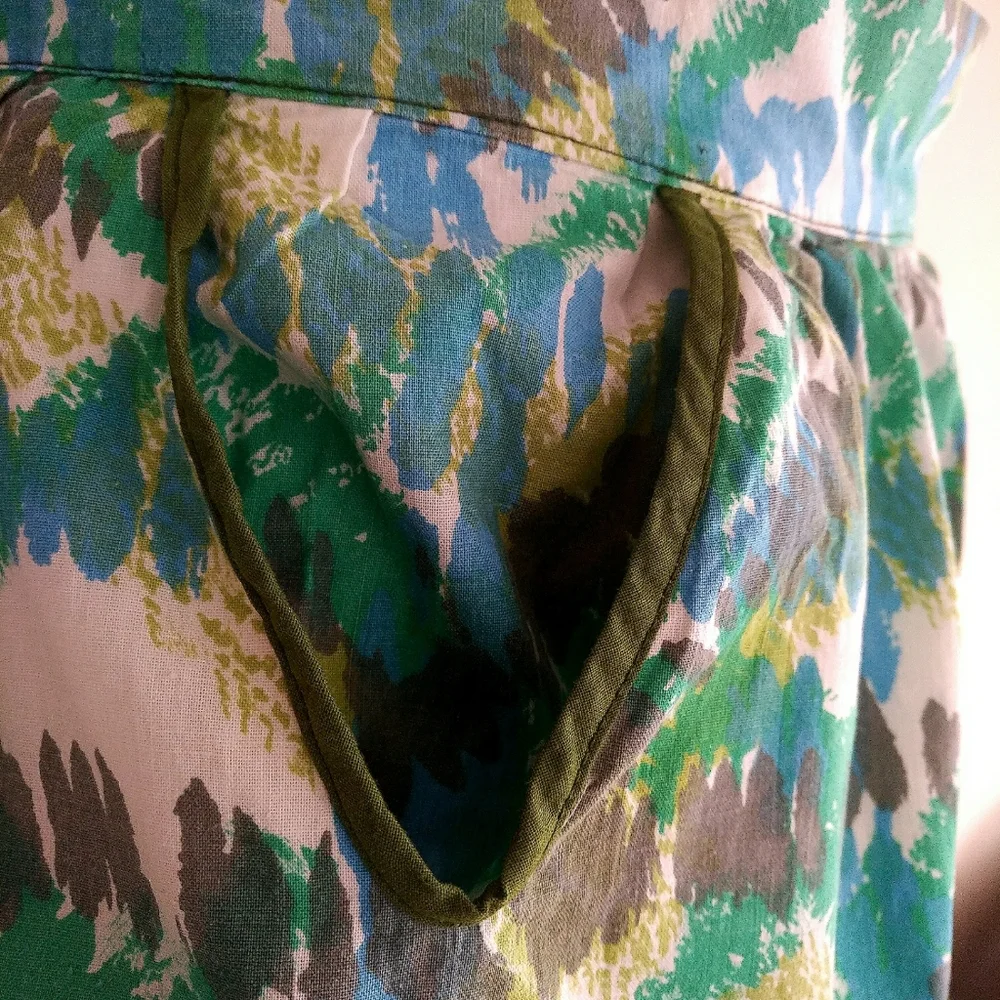 Vintage Handmade Half Tie Back Apron With Pockets 1960s Blue and Green Print